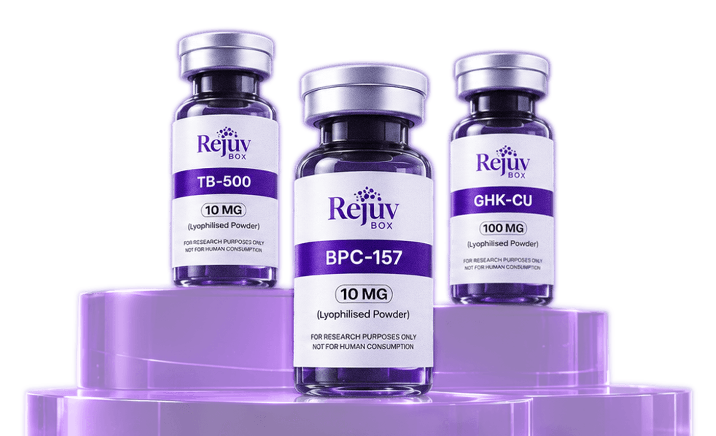 RejuvBox research peptide vials in an open presentation box
